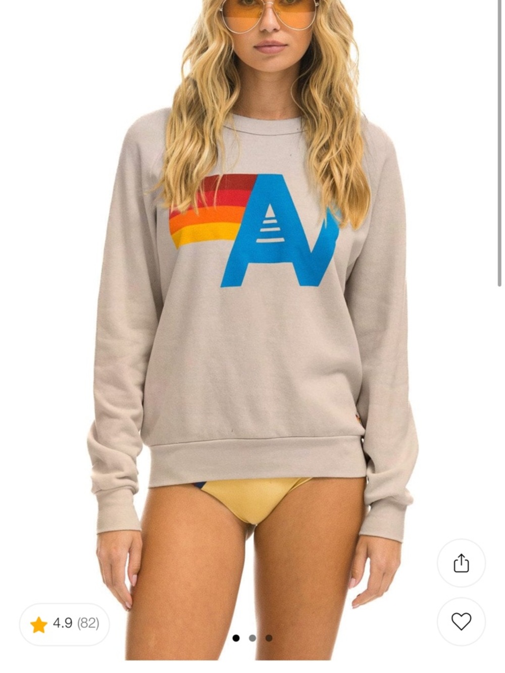 Aviator Nation Beige Crewneck with Blue 'A' and Retro Rainbow Stripes